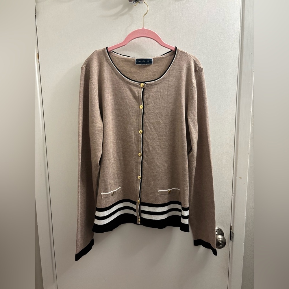 Karen Scott Brown Cardigan with Black and White Stripes